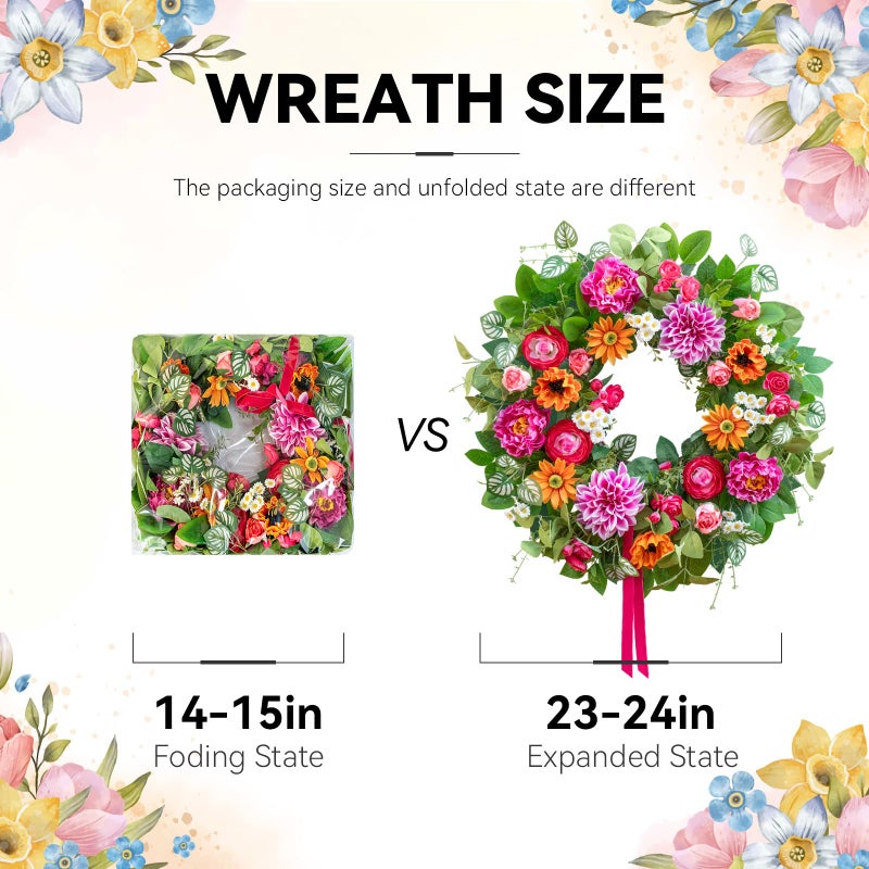 Soomeir Spring Wreaths for Front Door 24 Inch with Dahlia, Peony & Daisy Summer Wreaths for Front Door Outside Spring & Summer Door Wreath for Entryway, Porch & Home DÃ©cor Outdoor Summer Wreath - Image 4
