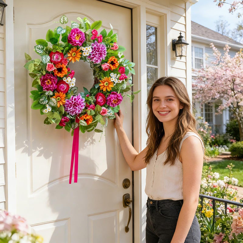 Soomeir Spring Wreaths for Front Door 24 Inch with Dahlia, Peony & Daisy Summer Wreaths for Front Door Outside Spring & Summer Door Wreath for Entryway, Porch & Home DÃ©cor Outdoor Summer Wreath - Image 2
