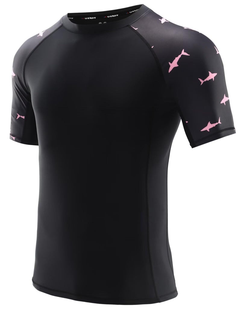 USKOY Men's Rash Guard T-Shirts UPF 50+ Baselayer Short Sleeve Skins Compression Performance Fit Tee 01Black/Pink Shark M - Image 1