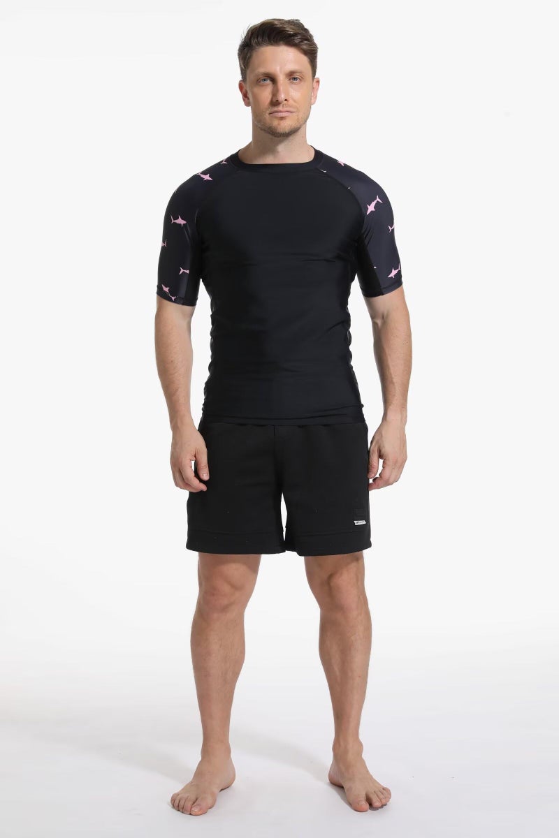 USKOY Men's Rash Guard T-Shirts UPF 50+ Baselayer Short Sleeve Skins Compression Performance Fit Tee 01Black/Pink Shark M - Image 2