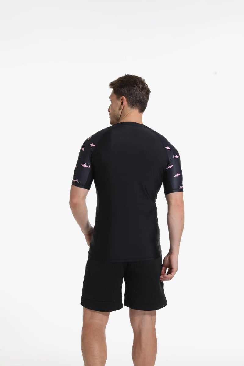 USKOY Men's Rash Guard T-Shirts UPF 50+ Baselayer Short Sleeve Skins Compression Performance Fit Tee 01Black/Pink Shark M - Image 3