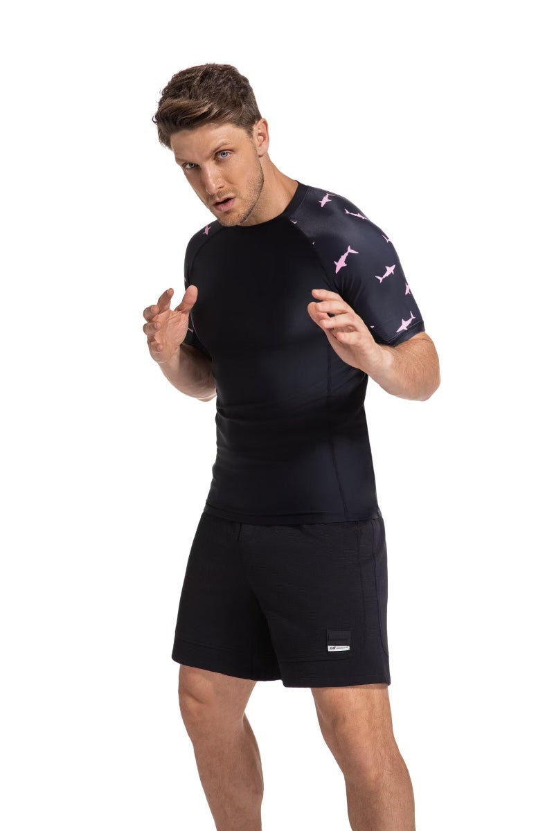 USKOY Men's Rash Guard T-Shirts UPF 50+ Baselayer Short Sleeve Skins Compression Performance Fit Tee 01Black/Pink Shark M - Image 4