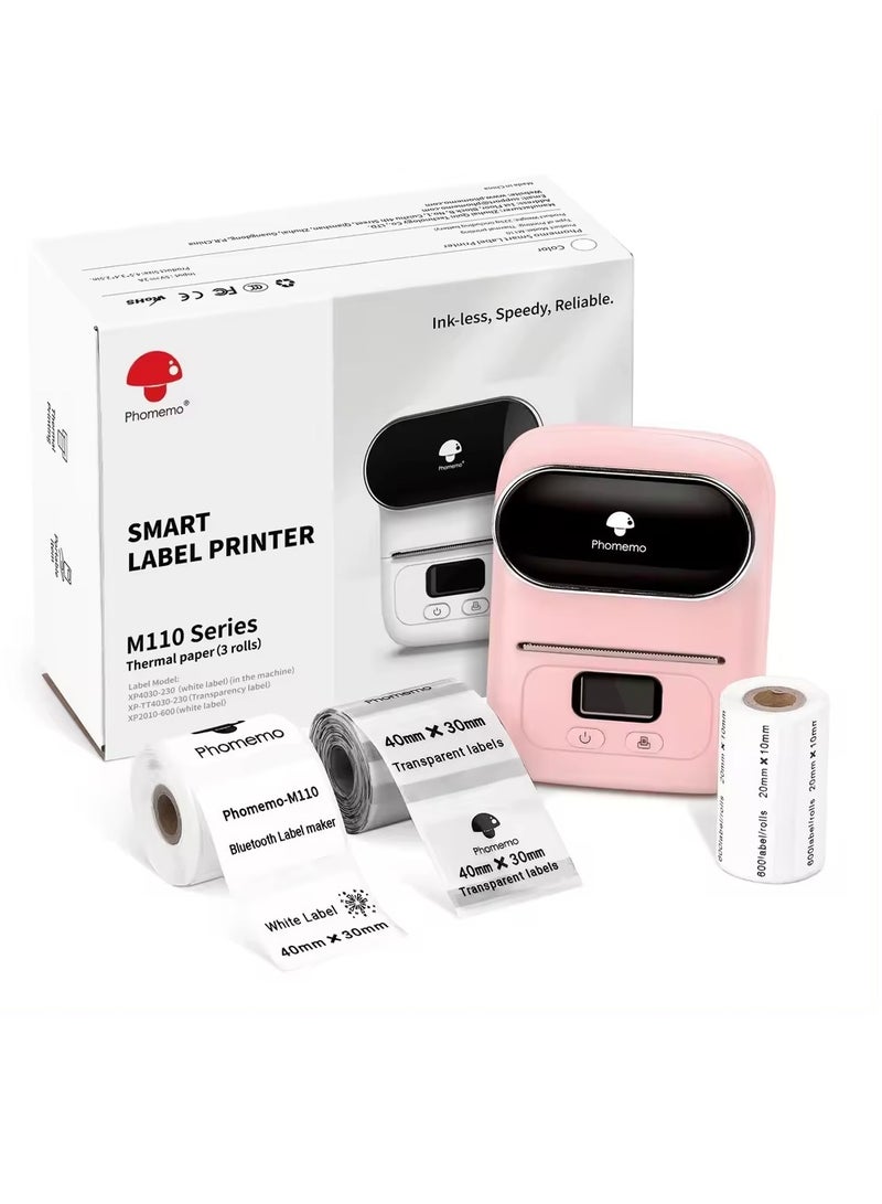 Phomemo M110 Label Maker Thermal Printer with 3 Roll Paper Pink - Image 1
