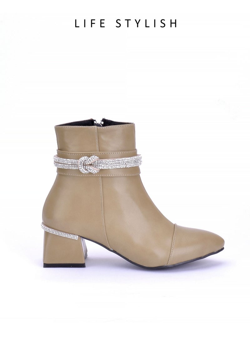 LIFESTYLISH Elegant Leather Heel Boot With Diamond Strip - Beige R-5  - Image 2