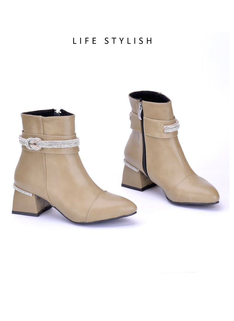 LIFESTYLISH Elegant Leather Heel Boot With Diamond Strip - Beige R-5  - Image 1