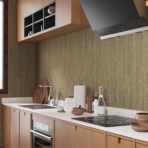 VaryStyle Luxury Brown/Gold Grasscloth Wallpaper Textured Grass Cloth Peel and Stick Wallpaper Brown Linen Vinyl Self Adhesive Removable Fabric Contact Paper for Bedroom Bathroom Cabinets 15.7"x118" - Image 4