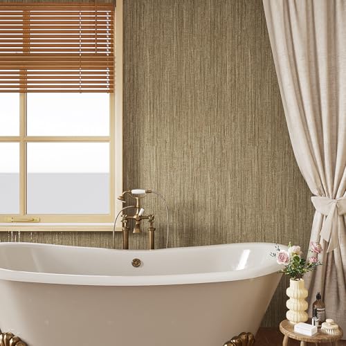 VaryStyle Luxury Brown/Gold Grasscloth Wallpaper Textured Grass Cloth Peel and Stick Wallpaper Brown Linen Vinyl Self Adhesive Removable Fabric Contact Paper for Bedroom Bathroom Cabinets 15.7"x118" - Image 2