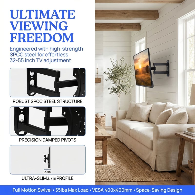 Universal Multi Size Monitor Mount For 32 To 55 Inch Displays Articulating Arm Tilting Space Saving Design With Level Adjustment Max VESA 400x400mm Supports Up To 55 Lbs Black - Image 3