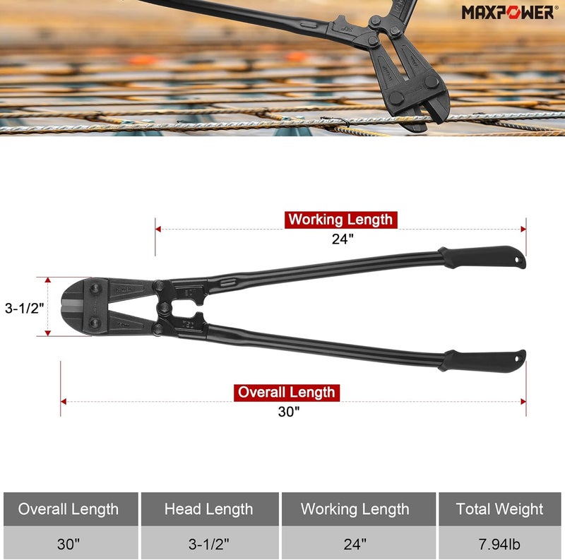 Max Power Bolt Cutter 30 inch, Max Jaw Opening 13/16", Heavy Duty Metal Cutters with Ergonomic Rubber Long Handle - Image 3