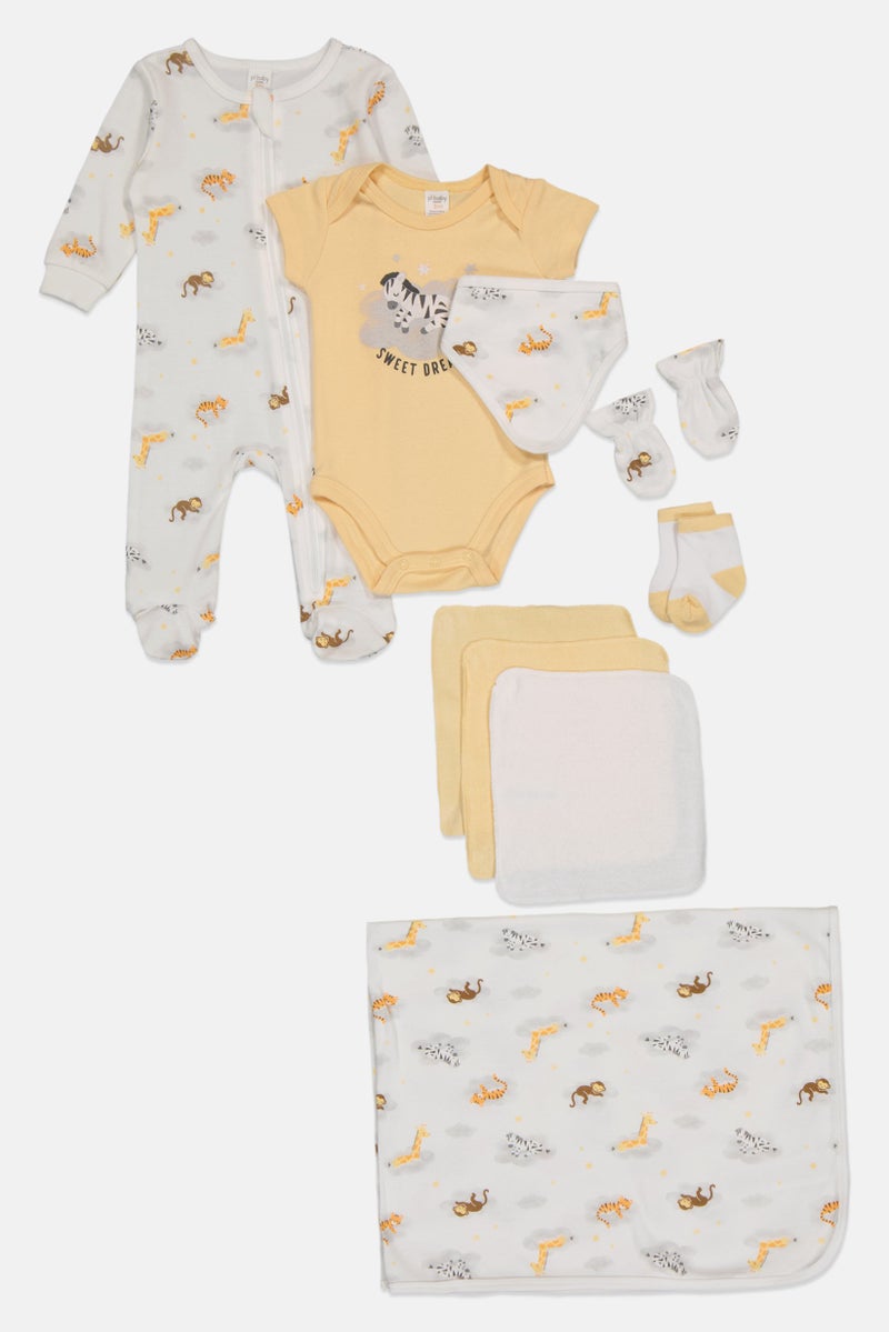 Petit Lem Toddlers Boy 9 Pcs Allover Print Bodysuit And Footed Romper Set, Multicolor - Image 2