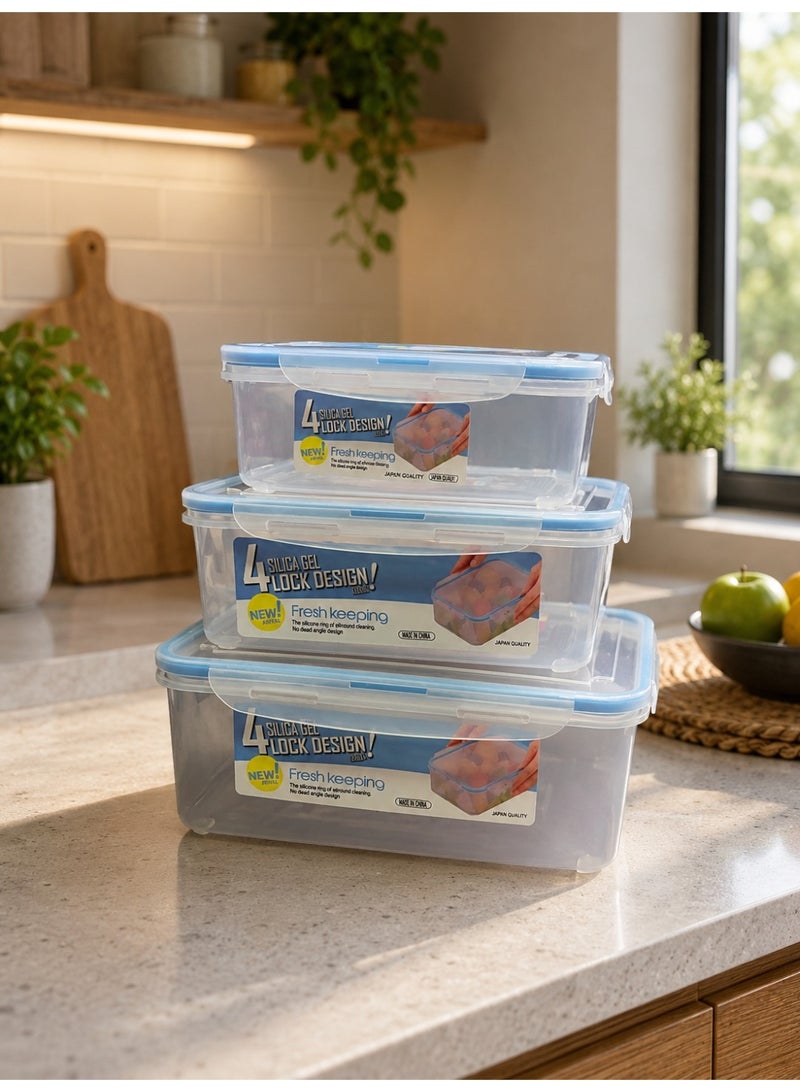 مجموعة حاويات حفظ الطعام محكمة الإغلاق 3 قطع | علب تخزين طعام بلاستيكية خالية من BPA بغطاء قفل رباعي مانع للتسرب | قابلة للتكديس للثلاجة والمطبخ - Image 2