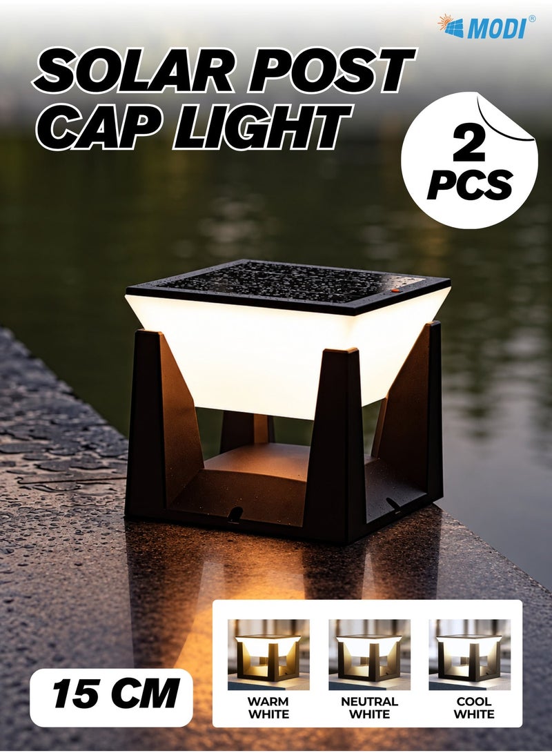 MODI 2 Pack Solar Post Cap Lights Outdoor – IP65 Waterproof LED Deck Pillar Lights, 3 Color Modes (3000K/4500K/6500K), Dusk to Dawn Solar Fence Lights for Gate, Garden, Patio, Lawn - Image 1