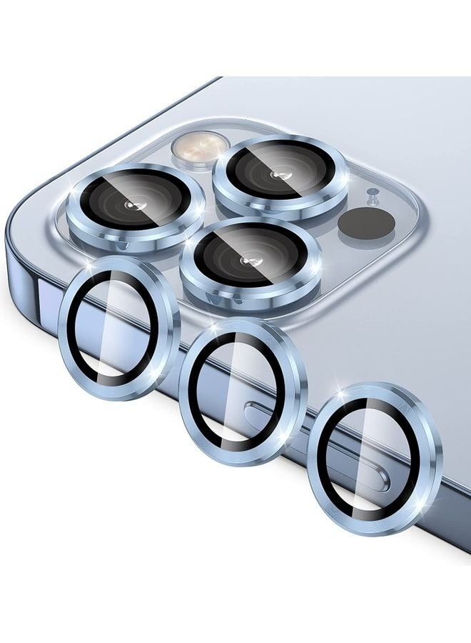 HEXABEX 3Pc iPhone 13 Pro Max/13 Pro Camera Lens Protector, Metal Ring Tempered Glass Camera Lens Protector Compatible with Apple iPhone 13 Pro Max and 13 Pro Sierra Blue