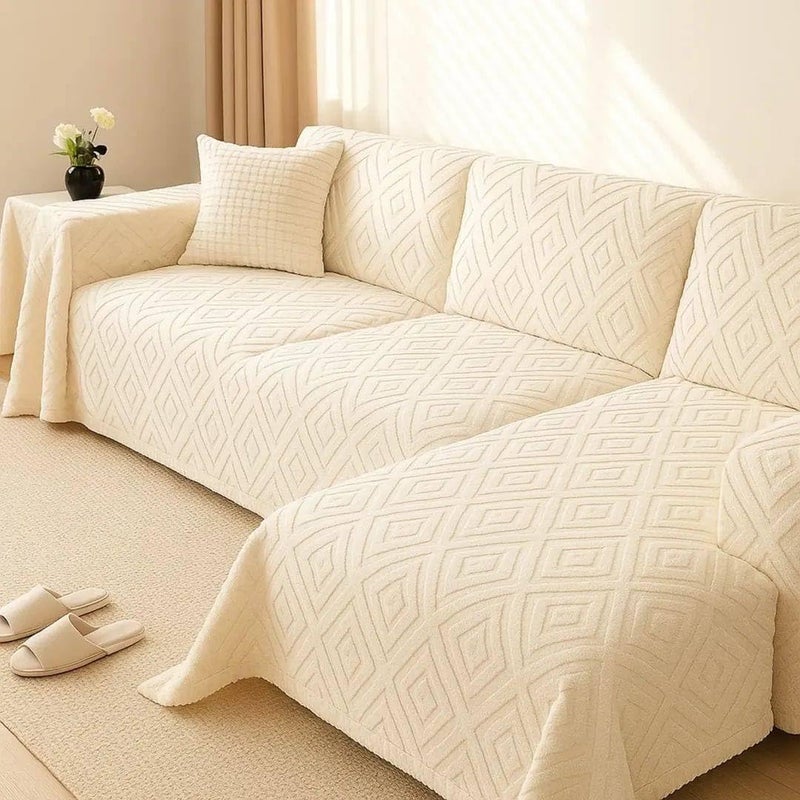 Generic Jacquard Fur-Trimmed Sofa Cover Set,(Beige), Complete Corner Couch Protector, One Piece, .br - Image 1