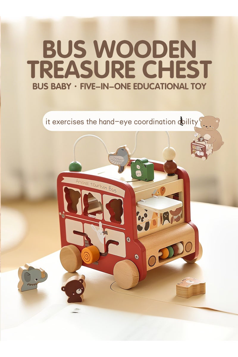 8-in-1 Montessori toy animal sightseeing bus, wooden activity cube, polyhedron toy, for 1-2 year-old children, multi-purpose early education cube，Boys&Girls Birthday Gift (red)  - Image 1