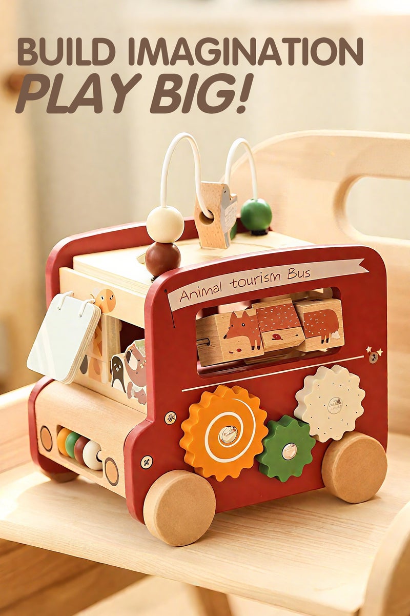 8-in-1 Montessori toy animal sightseeing bus, wooden activity cube, polyhedron toy, for 1-2 year-old children, multi-purpose early education cube，Boys&Girls Birthday Gift (red)  - Image 2