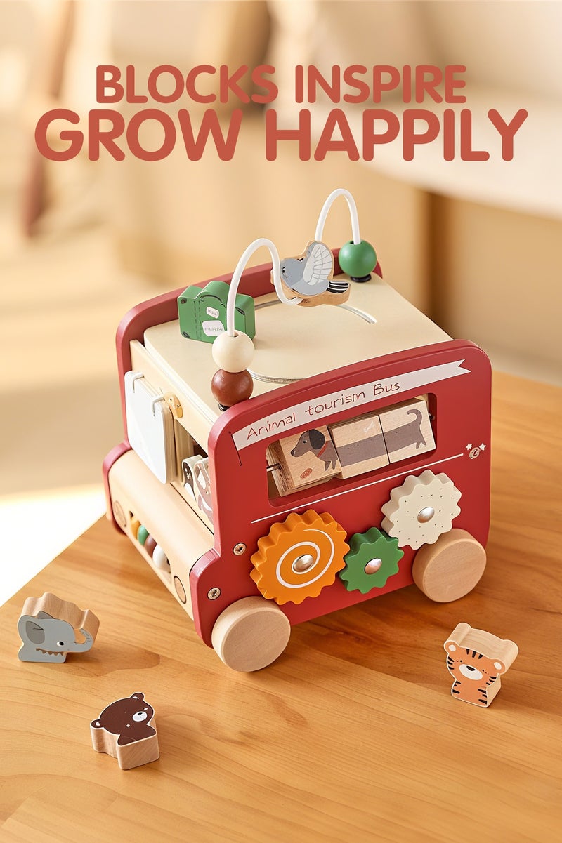 8-in-1 Montessori toy animal sightseeing bus, wooden activity cube, polyhedron toy, for 1-2 year-old children, multi-purpose early education cube，Boys&Girls Birthday Gift (red)  - Image 3