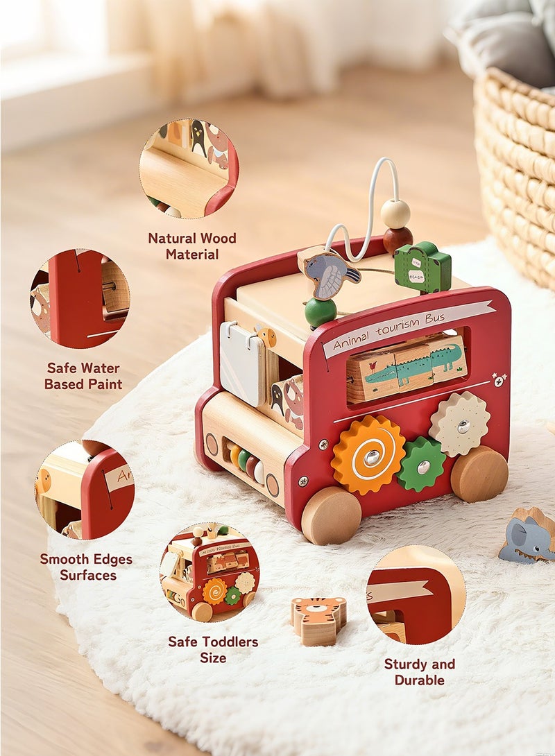 8-in-1 Montessori toy animal sightseeing bus, wooden activity cube, polyhedron toy, for 1-2 year-old children, multi-purpose early education cube，Boys&Girls Birthday Gift (red)  - Image 5