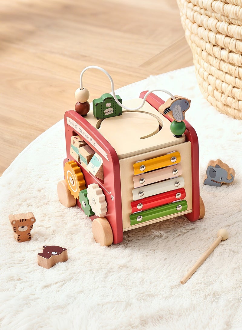 8-in-1 Montessori toy animal sightseeing bus, wooden activity cube, polyhedron toy, for 1-2 year-old children, multi-purpose early education cube，Boys&Girls Birthday Gift (red)  - Image 4