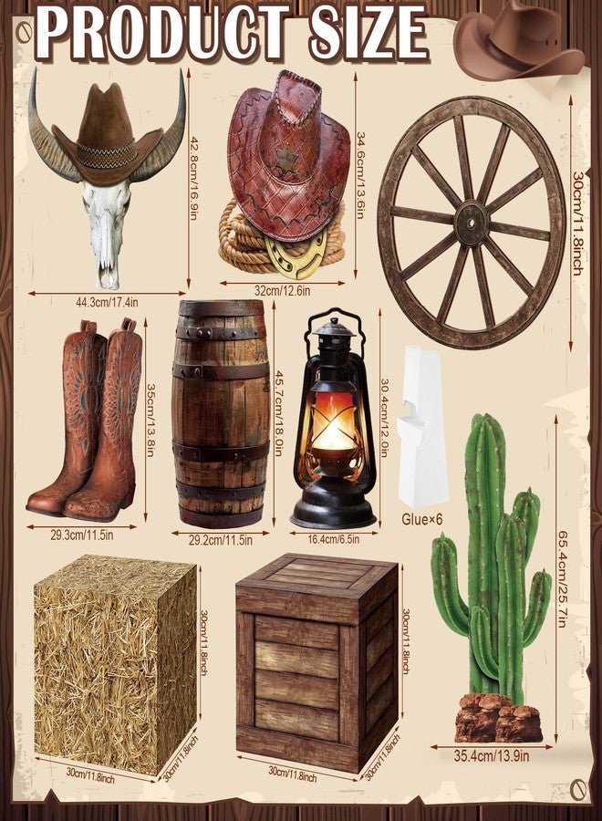 Colingmill 16 Pcs Western Cowboy Party Decorations 6 Hay Bales Boxes Wooden Print Boxes Wagon Wheels and Western Cowboy Centerpieces Decor for Photo Booth Props Farm Cowgirl Birthday Party - Image 2
