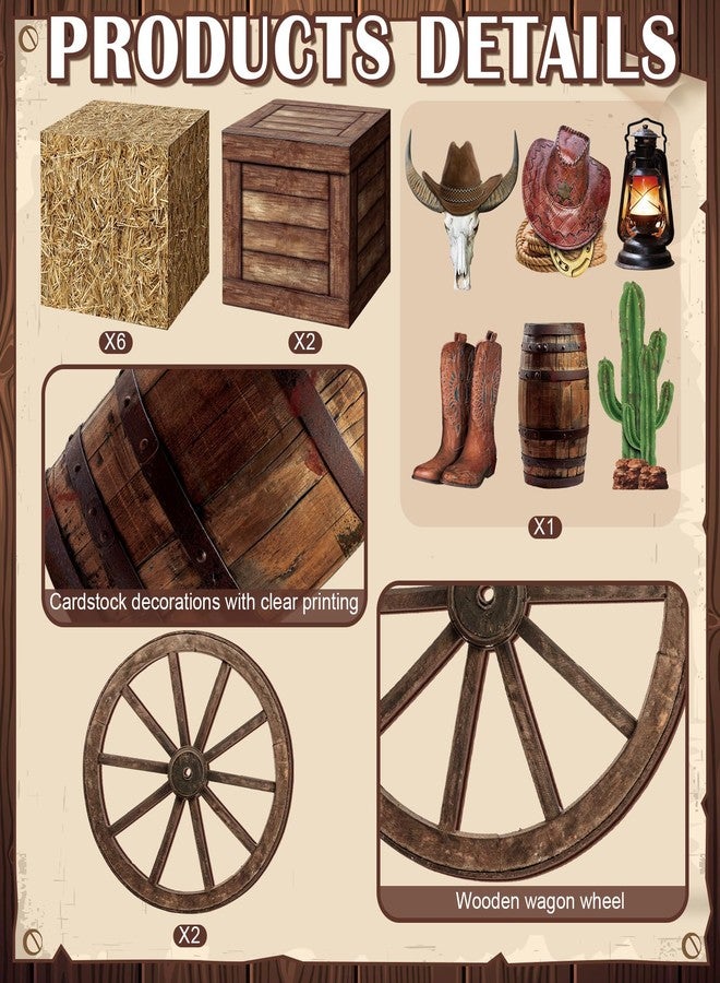 Colingmill 16 Pcs Western Cowboy Party Decorations 6 Hay Bales Boxes Wooden Print Boxes Wagon Wheels and Western Cowboy Centerpieces Decor for Photo Booth Props Farm Cowgirl Birthday Party - Image 3