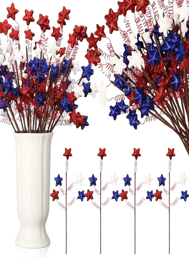 Maysing 20 Pcs 4th of July Patriotic Picks 15.7 Inch Memorial Day Stars Strem Decoration 250th Anniversary Patriotic Picks White Blue Red Glitter Star Stems for Memorial Independence Day Vase Filler Decor - Image 1