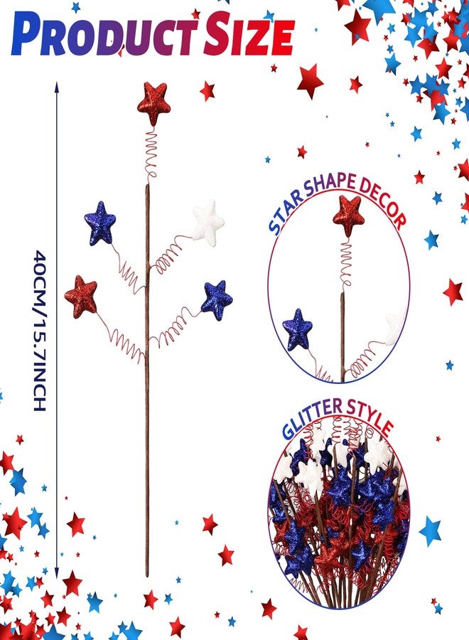Maysing 20 Pcs 4th of July Patriotic Picks 15.7 Inch Memorial Day Stars Strem Decoration 250th Anniversary Patriotic Picks White Blue Red Glitter Star Stems for Memorial Independence Day Vase Filler Decor - Image 2
