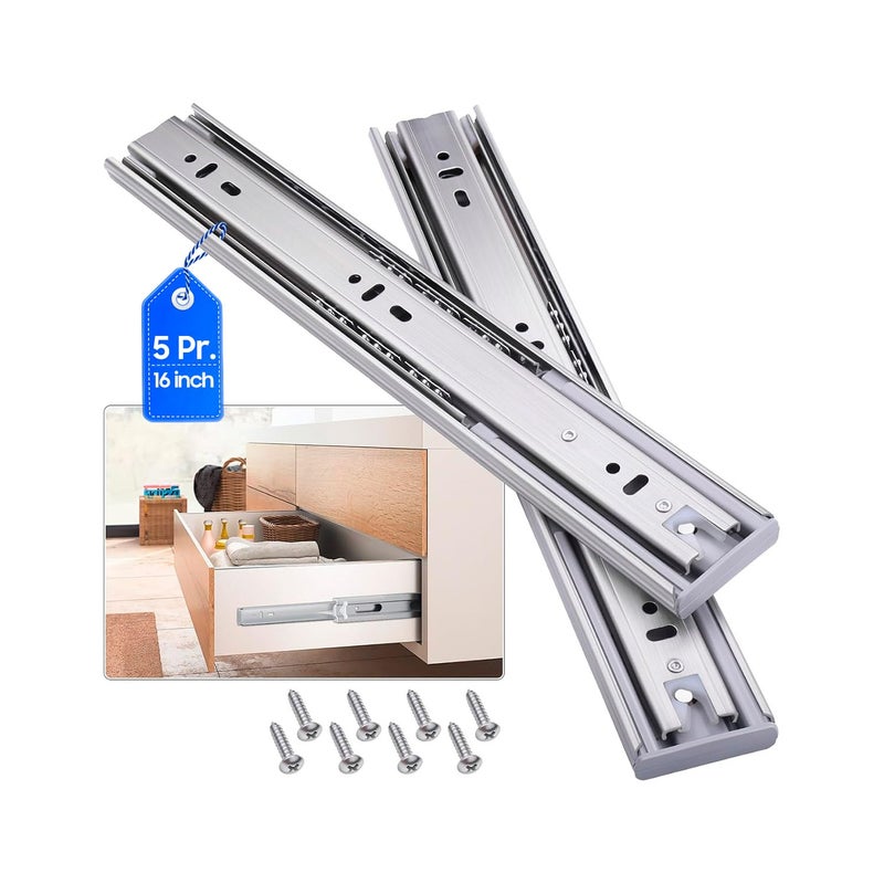 VAGUDE Soft Close Stainless Steel Drawer Slides 5 Pairs Full Extension 10 12 14 16 18 20 22 24 inch Side Mount Dresser Cabinet Replacement Ball Bearing Rails Runner 100LB Stainless soft close 16Inch - Image 2