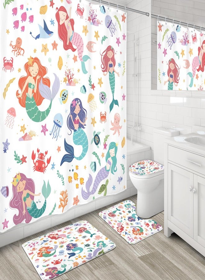LGhtyro 4PCS Kids Ocean Mermaid 71Wx71H Inches Cartoon Underwater Sea Cute Shower Curtain Sets with Rugs, Toilet Lid Cover and Bath Mat,Lovely Bath Accessories Art Home Decor Fabric 12 Pack Hooks - Image 4