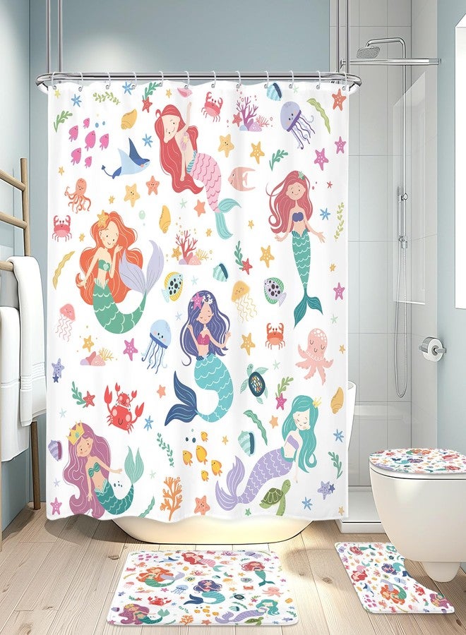 LGhtyro 4PCS Kids Ocean Mermaid 71Wx71H Inches Cartoon Underwater Sea Cute Shower Curtain Sets with Rugs, Toilet Lid Cover and Bath Mat,Lovely Bath Accessories Art Home Decor Fabric 12 Pack Hooks - Image 3