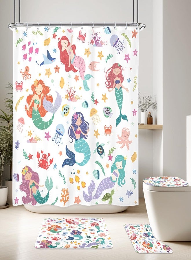 LGhtyro 4PCS Kids Ocean Mermaid 71Wx71H Inches Cartoon Underwater Sea Cute Shower Curtain Sets with Rugs, Toilet Lid Cover and Bath Mat,Lovely Bath Accessories Art Home Decor Fabric 12 Pack Hooks - Image 1
