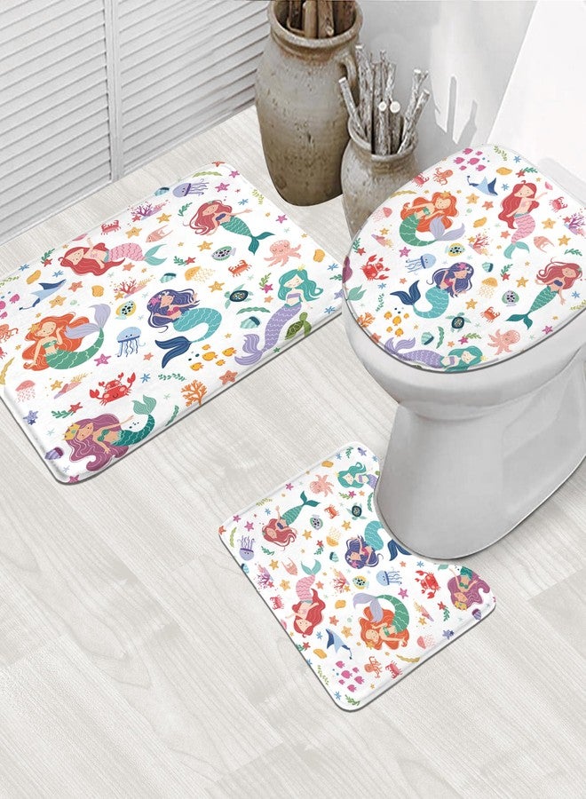 LGhtyro 4PCS Kids Ocean Mermaid 71Wx71H Inches Cartoon Underwater Sea Cute Shower Curtain Sets with Rugs, Toilet Lid Cover and Bath Mat,Lovely Bath Accessories Art Home Decor Fabric 12 Pack Hooks - Image 2