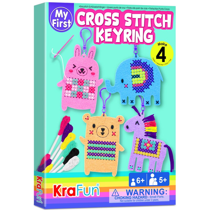 KRAFUN Cross Stitch Kits for Kids Beginners 4 Cross Stitching Keyrings Arts Crafts with Animals Unicorn Needlepoint Embroidery Kit for Girls 513 Craft Kit Backpack Charms Ornaments - Image 2