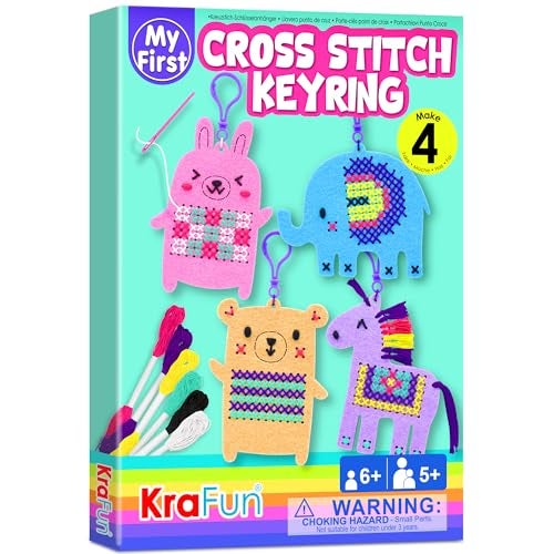 KRAFUN Cross Stitch Kits for Kids Beginners 4 Cross Stitching Keyrings Arts Crafts with Animals Unicorn Needlepoint Embroidery Kit for Girls 513 Craft Kit Backpack Charms Ornaments - Image 1