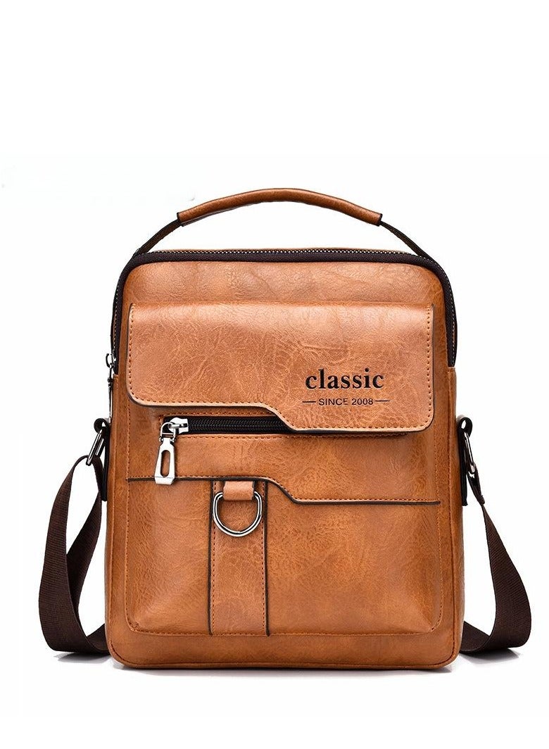 Classic Men's Business PU Leather Messenger Bag Smooth Zipper Adjustable Shoulder Strap Waterproof Large Capacity Shoulder Bag Men's Fashion Commuter High Quality Texture Multi-Pocket Backpack - Image 1