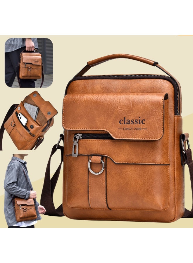 Classic Men's Business PU Leather Messenger Bag Smooth Zipper Adjustable Shoulder Strap Waterproof Large Capacity Shoulder Bag Men's Fashion Commuter High Quality Texture Multi-Pocket Backpack - Image 4