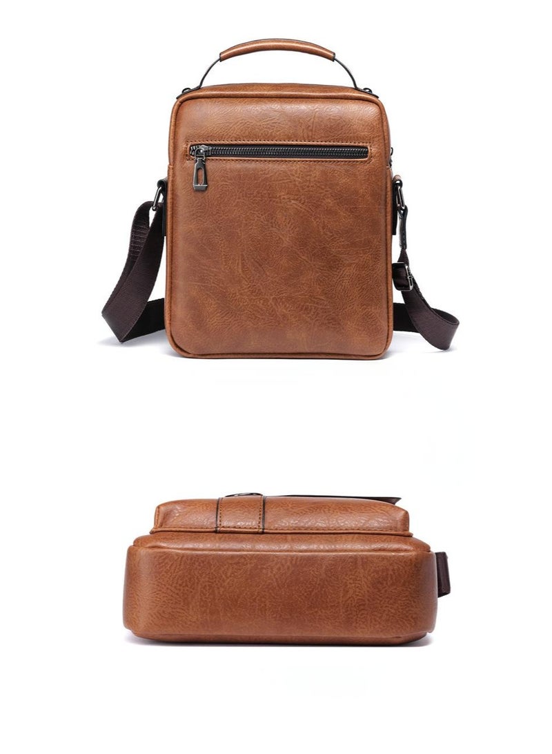 Classic Men's Business PU Leather Messenger Bag Smooth Zipper Adjustable Shoulder Strap Waterproof Large Capacity Shoulder Bag Men's Fashion Commuter High Quality Texture Multi-Pocket Backpack - Image 2