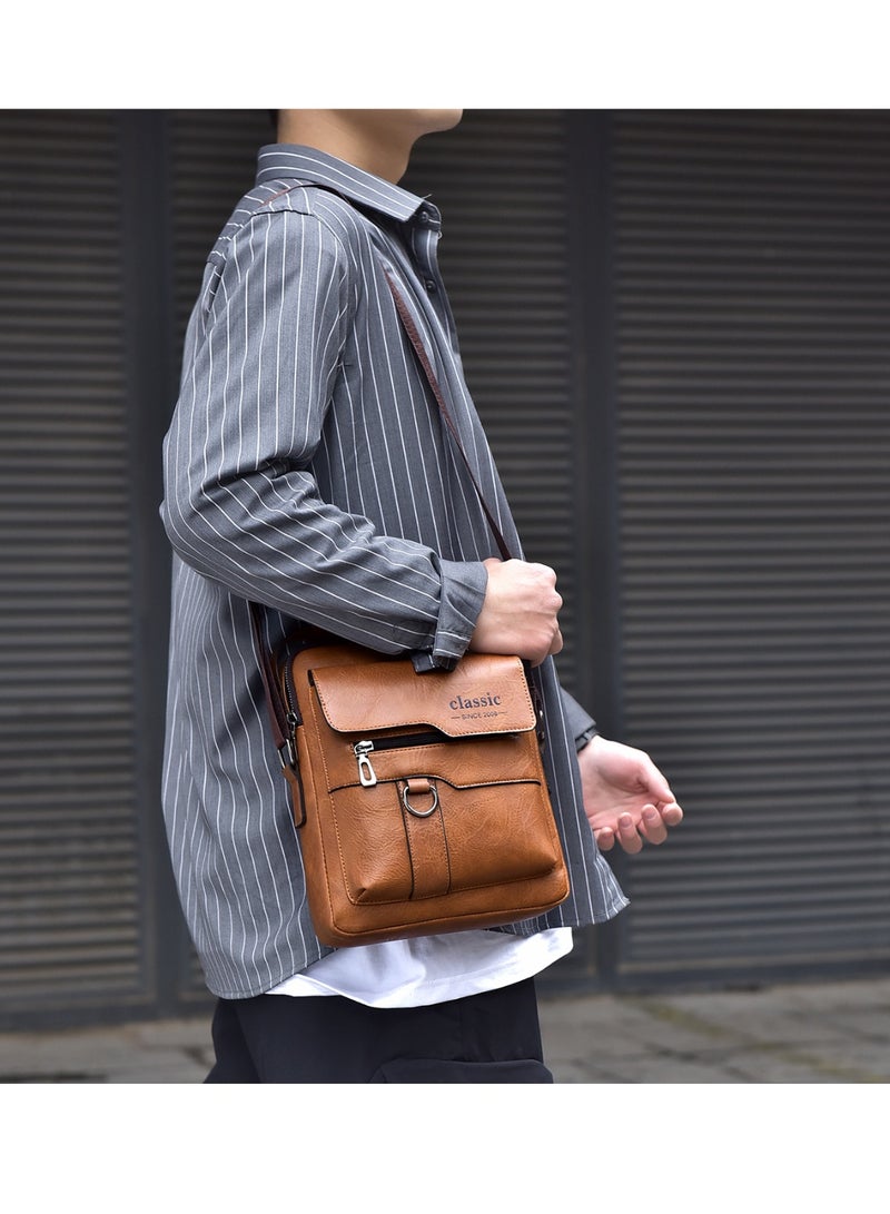 Classic Men's Business PU Leather Messenger Bag Smooth Zipper Adjustable Shoulder Strap Waterproof Large Capacity Shoulder Bag Men's Fashion Commuter High Quality Texture Multi-Pocket Backpack - Image 5