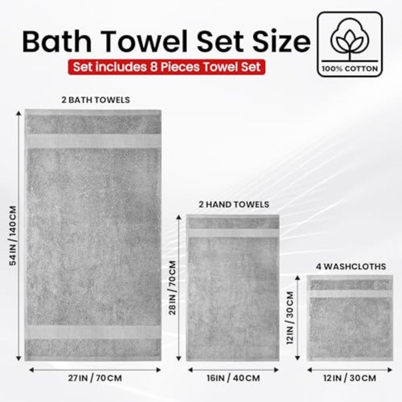 Premium Bath Towels Set - [Pack of 8] 100% Cotton Highly Absorbent 2 Bath Towels, 2 Hand Towels and 4 Washcloths - Hotel and Spa Quality Bath Towels for Bathroom - Image 4