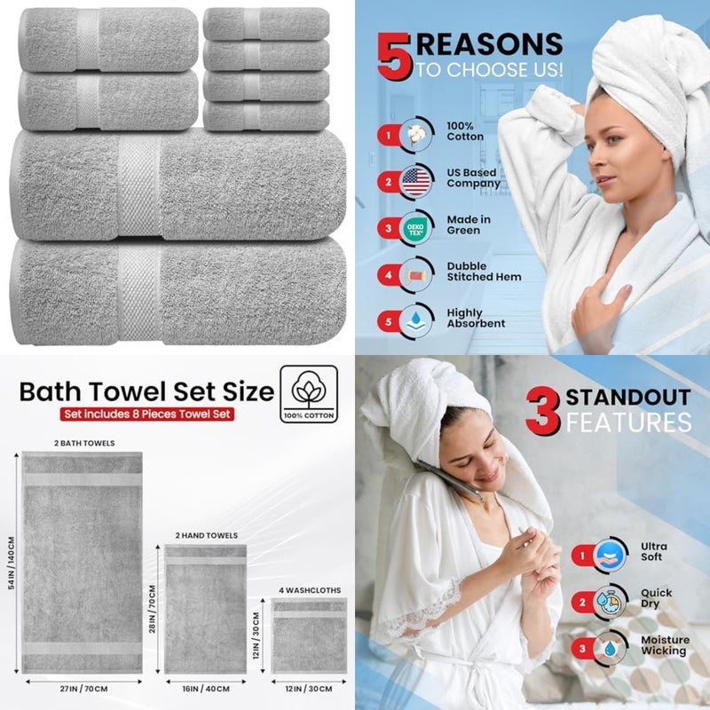 Premium Bath Towels Set - [Pack of 8] 100% Cotton Highly Absorbent 2 Bath Towels, 2 Hand Towels and 4 Washcloths - Hotel and Spa Quality Bath Towels for Bathroom - Image 1