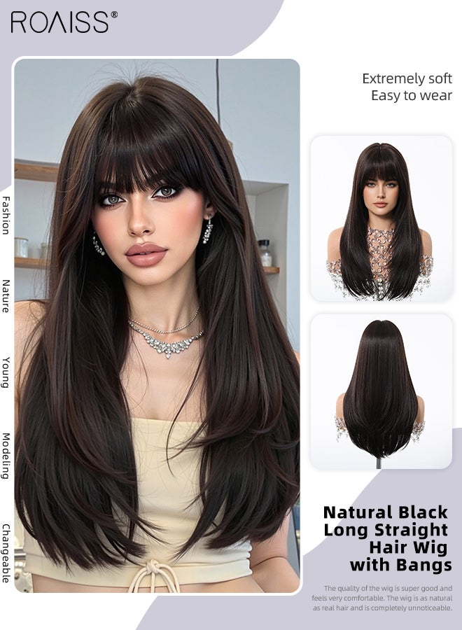 رويس باروكة شعر مستعار طويل مستقيم أسود طبيعي للنساء مع غرة، باروكة شعر مستعار من ألياف صناعية ناعمة طبيعية مقاومة للحرارة، مناسبة لحفلات الزفاف والتنكر والارتداء اليومي، 55.9 سم (22 بوصة) - Image 1