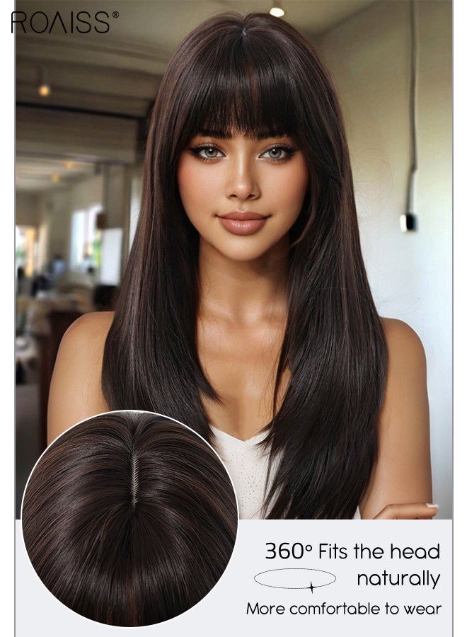 رويس باروكة شعر مستعار طويل مستقيم أسود طبيعي للنساء مع غرة، باروكة شعر مستعار من ألياف صناعية ناعمة طبيعية مقاومة للحرارة، مناسبة لحفلات الزفاف والتنكر والارتداء اليومي، 55.9 سم (22 بوصة) - Image 4