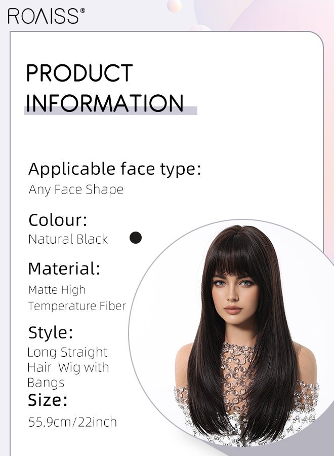 رويس باروكة شعر مستعار طويل مستقيم أسود طبيعي للنساء مع غرة، باروكة شعر مستعار من ألياف صناعية ناعمة طبيعية مقاومة للحرارة، مناسبة لحفلات الزفاف والتنكر والارتداء اليومي، 55.9 سم (22 بوصة) - Image 3