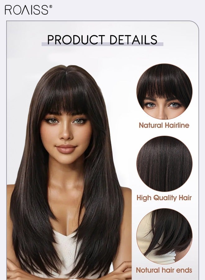 رويس باروكة شعر مستعار طويل مستقيم أسود طبيعي للنساء مع غرة، باروكة شعر مستعار من ألياف صناعية ناعمة طبيعية مقاومة للحرارة، مناسبة لحفلات الزفاف والتنكر والارتداء اليومي، 55.9 سم (22 بوصة) - Image 5