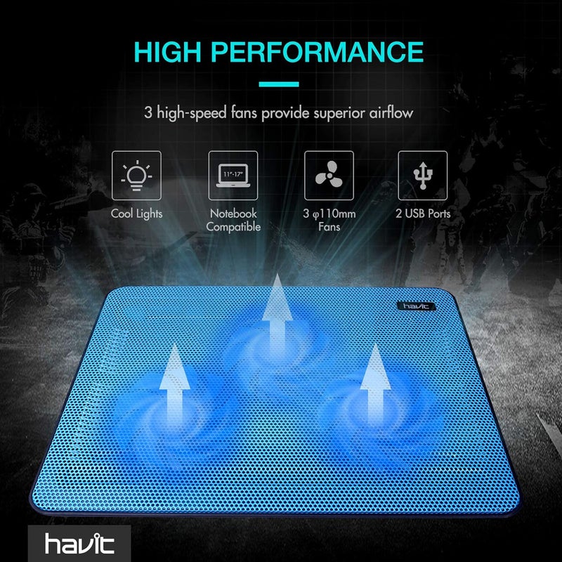havit HV-F2056 وسادة تبريد لابتوب 15.6-17 بوصة - نحيفة محمولة تعمل بالطاقة عبر USB (3 مراوح) (زرقاء) - Image 2