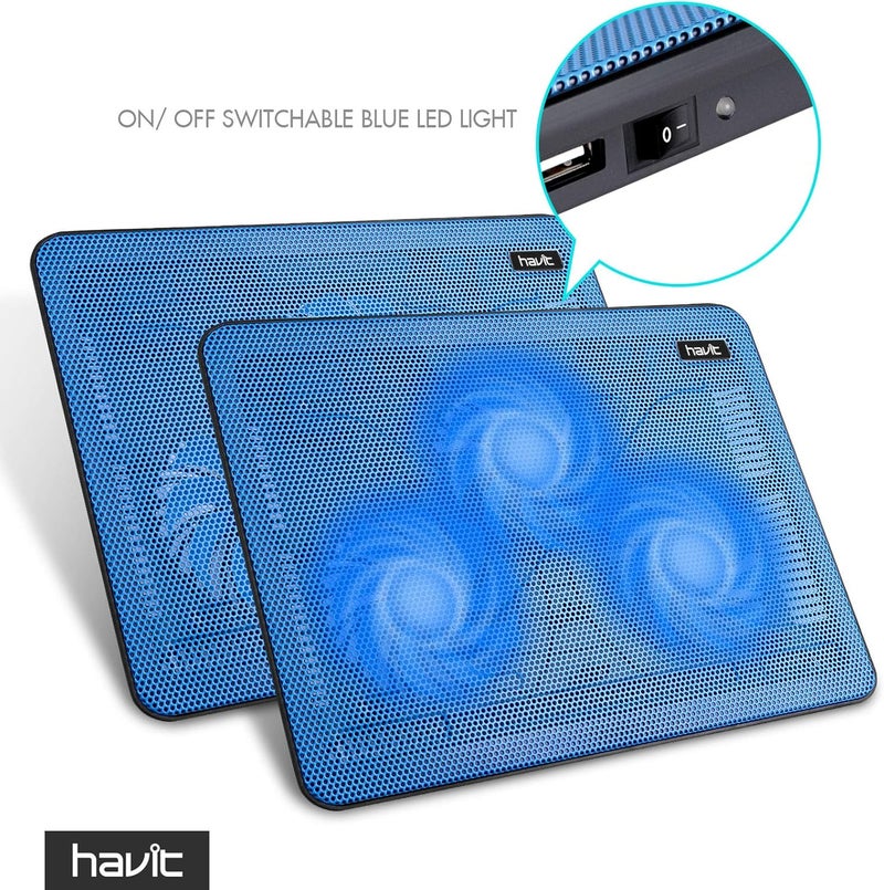 havit HV-F2056 وسادة تبريد لابتوب 15.6-17 بوصة - نحيفة محمولة تعمل بالطاقة عبر USB (3 مراوح) (زرقاء) - Image 3