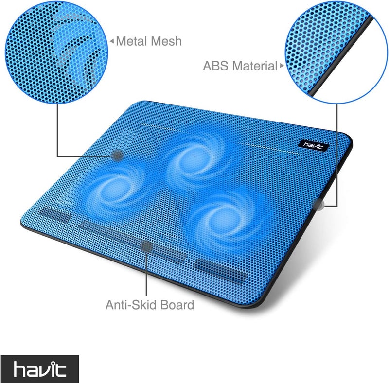 havit HV-F2056 وسادة تبريد لابتوب 15.6-17 بوصة - نحيفة محمولة تعمل بالطاقة عبر USB (3 مراوح) (زرقاء) - Image 5