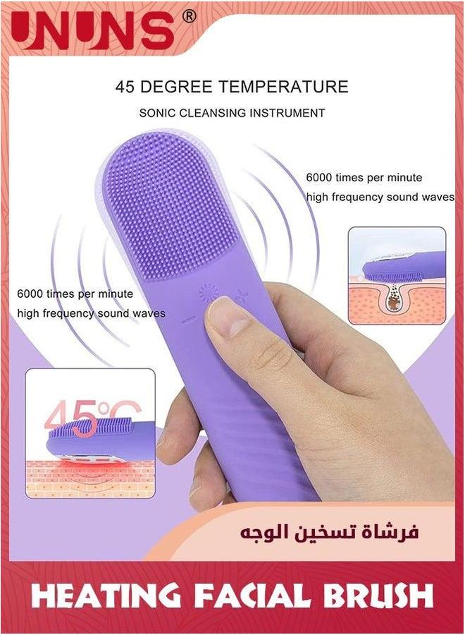 UNUNS Sonic Facial Cleansing Brush,Power Face Scrubber With 5 Speed Modes,Waterproof 3 in 1 Anion Import 45℃ Heating Massage,USB Rechargeable Silicone Brush,Purple - Image 2