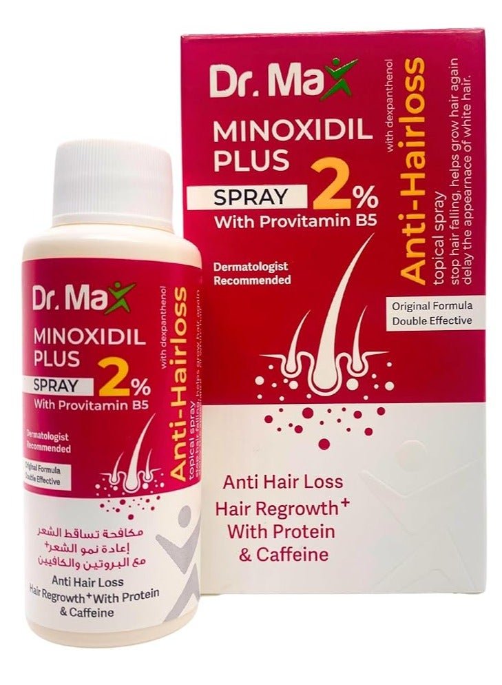 Dr. Max Minoxidil Plus 2% Spray With Provitamin B5 (Dexpanthenol) Anti Hair Loss, Hair Regrowth With Protein & Caffeine - Image 1