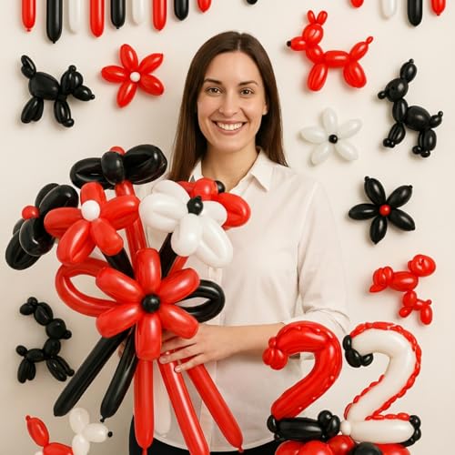 Skylety 100 Pieces Long Twisting Balloons Latex Modelling Balloons for Art Animal Shape Party Weddings Birthdays Clowns Decorations Party SuppliesBlack Red White - Image 1